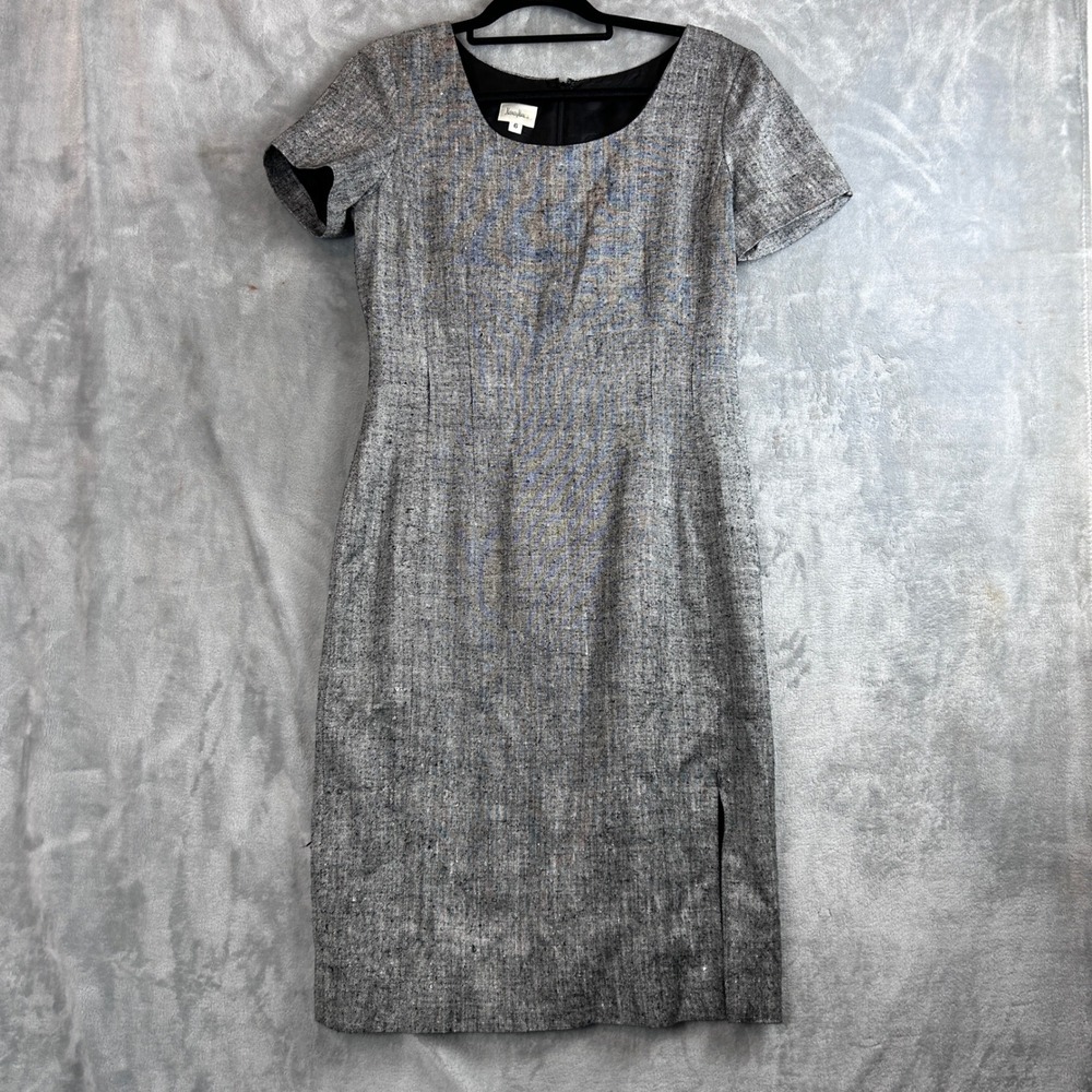 Neiman Marcus Grey Tweed Sheath Dress Metallic Short Sleeve Side Slit Size 6 - Picture 4 of 11